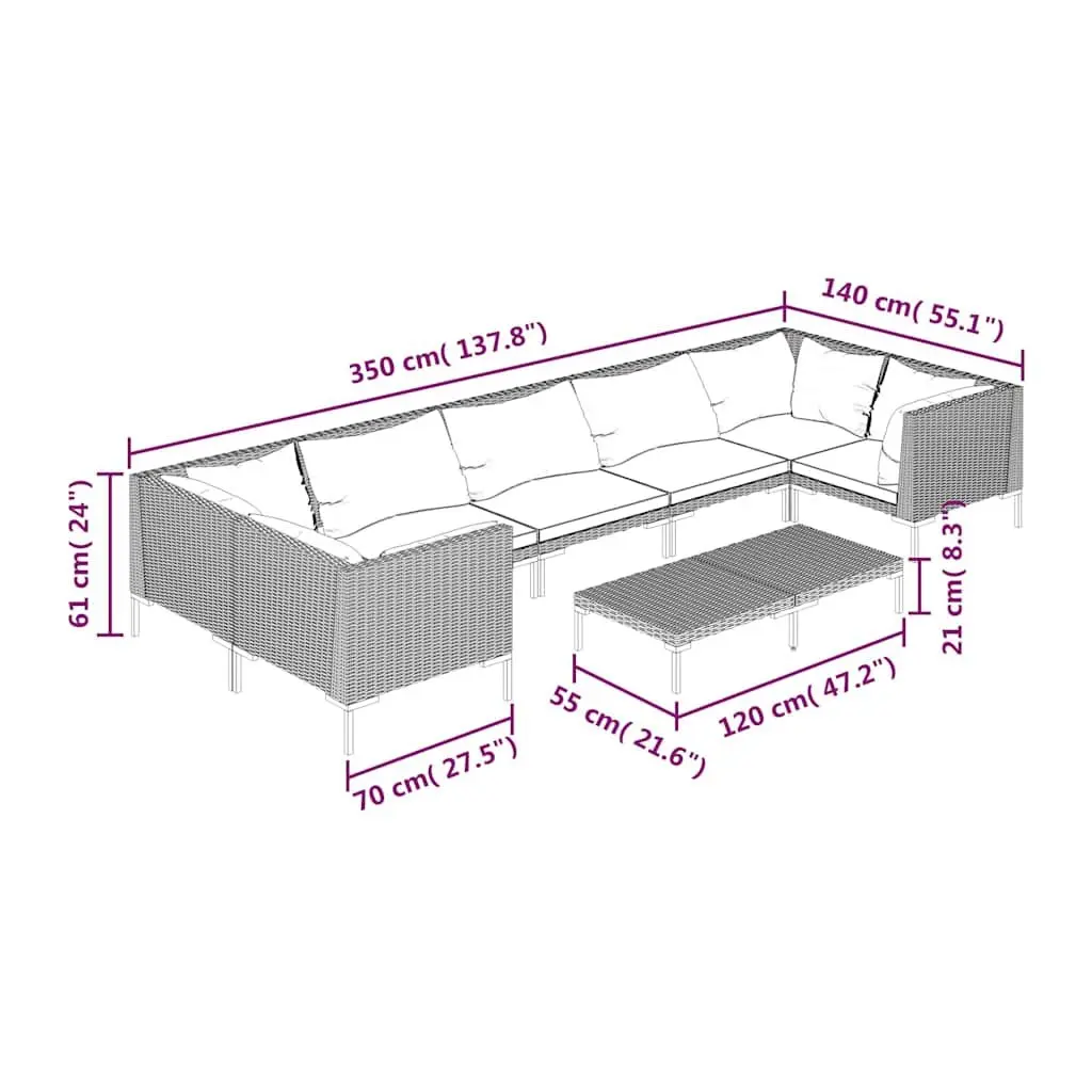 Garden Lounge Set 8 Piece Outdoor Furniture PE Rattan Grey Sofa with Cushions