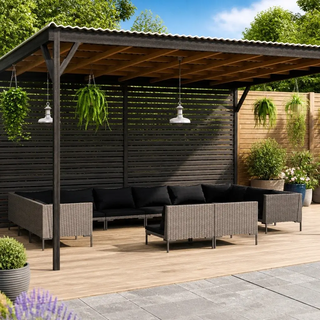 Garden Lounge Set 12 Piece Outdoor Patio Furniture Grey Rattan Sofa with Removable Cushions and Pillows