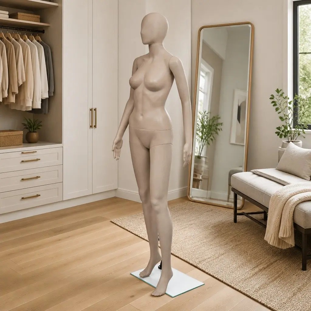 Female Display Mannequin Articulated Body Beige with Glass Base Stand