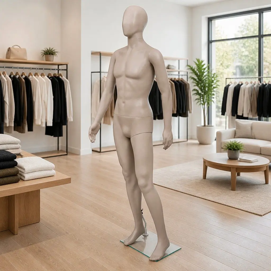 Full-Body Male Mannequin 360° Rotatable Head Beige Display for Fashion Retail Clothing