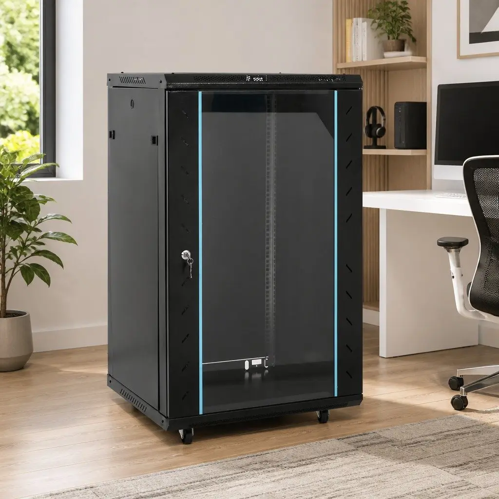 18U Network Cabinet 19 Inch Rack Mount Storage System Black Cold Rolled Steel