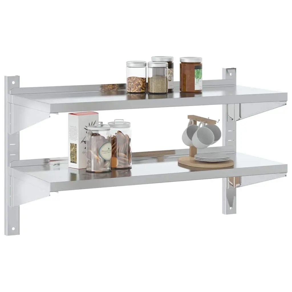2-Tier Wall Shelf 100x40x60 cm Silver Stainless Steel Storage Rack Mounting
