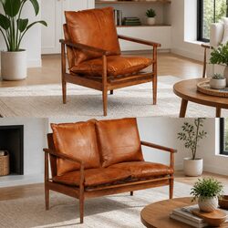 2 Piece Sofa Set Brown Real Leather Solid Acacia Wood Living Room Furniture