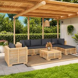 7 Piece Garden Lounge Set Outdoor Furniture Solid Teak Wood with Cushions Brown