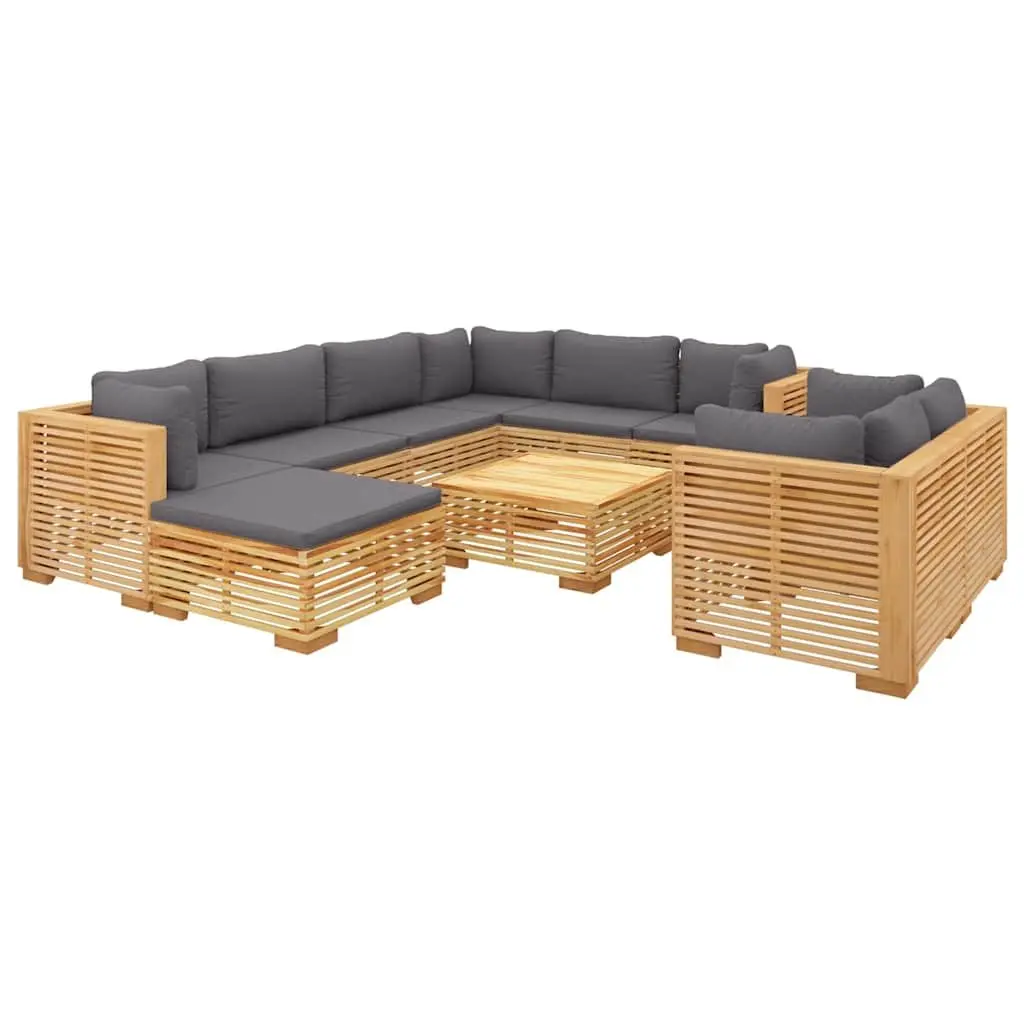 10 Piece Garden Lounge Set Solid Teak Wood with Cushions Brown Outdoor Furniture