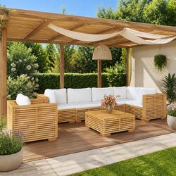 7 Piece Garden Lounge Set Outdoor Furniture with Cushions Solid Teak Wood Brown