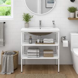 Bathroom Vanity Unit White Iron Frame Built-in Ceramic Basin Washbasin Storage