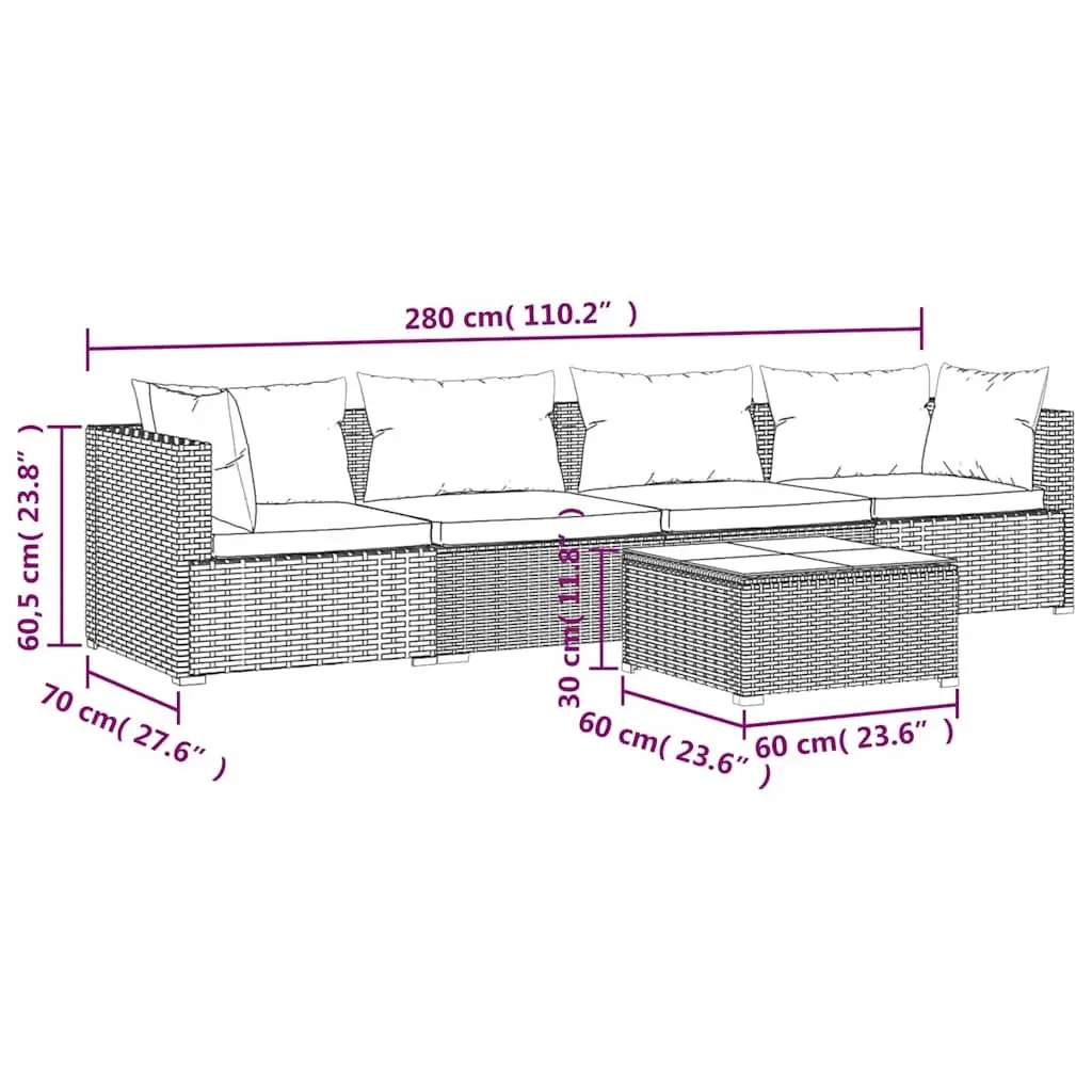 5 Piece Modular Outdoor Garden Lounge Set Water-Resistant PE Rattan Black