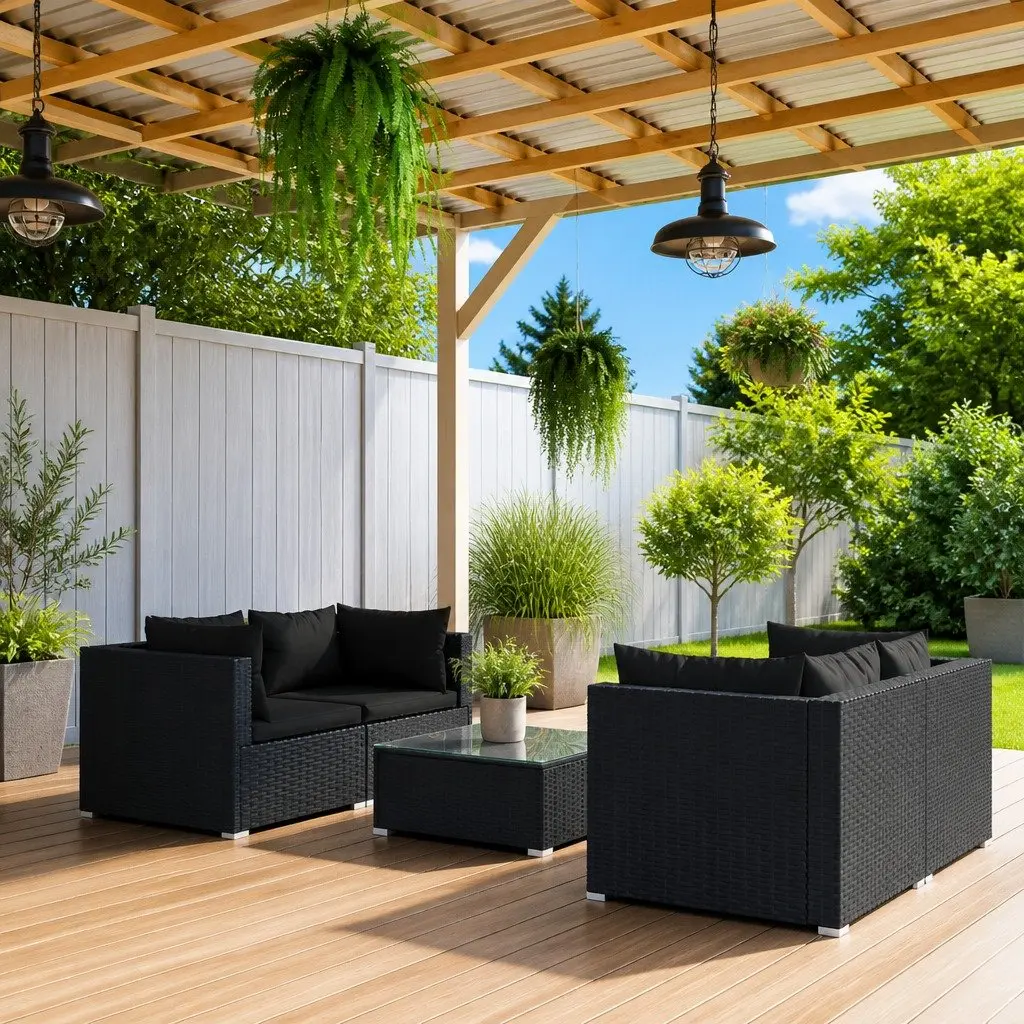 5 Piece Garden Lounge Set with Cushions Poly Rattan Black Outdoor Furniture