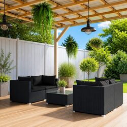 5 Piece Garden Lounge Set with Cushions Poly Rattan Black Outdoor Furniture