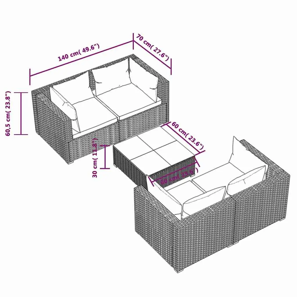 5 Piece Garden Lounge Set with Cushions Poly Rattan Black Outdoor Furniture