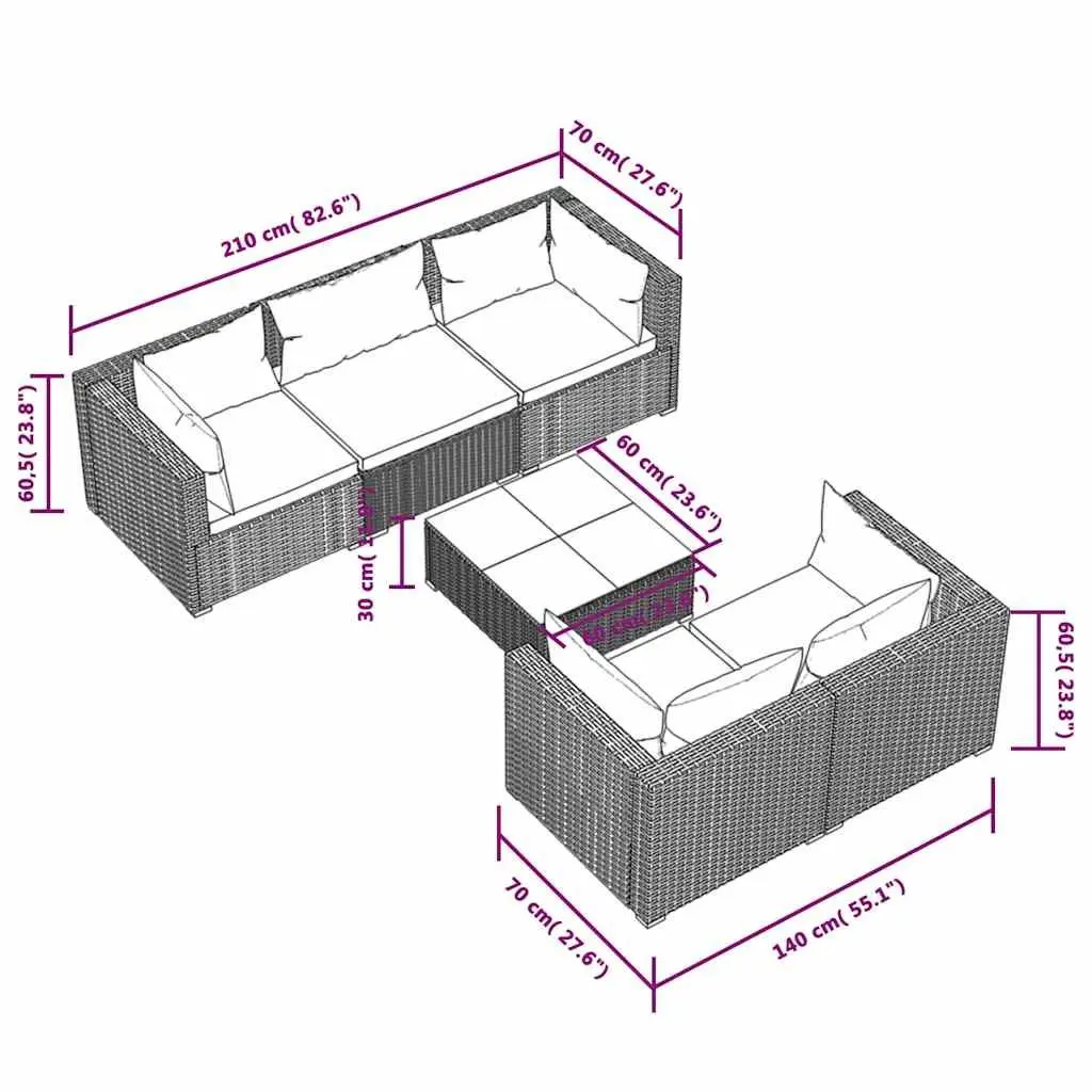 6 Piece Poly Rattan Garden Lounge Set with Cushions Outdoor Patio Furniture