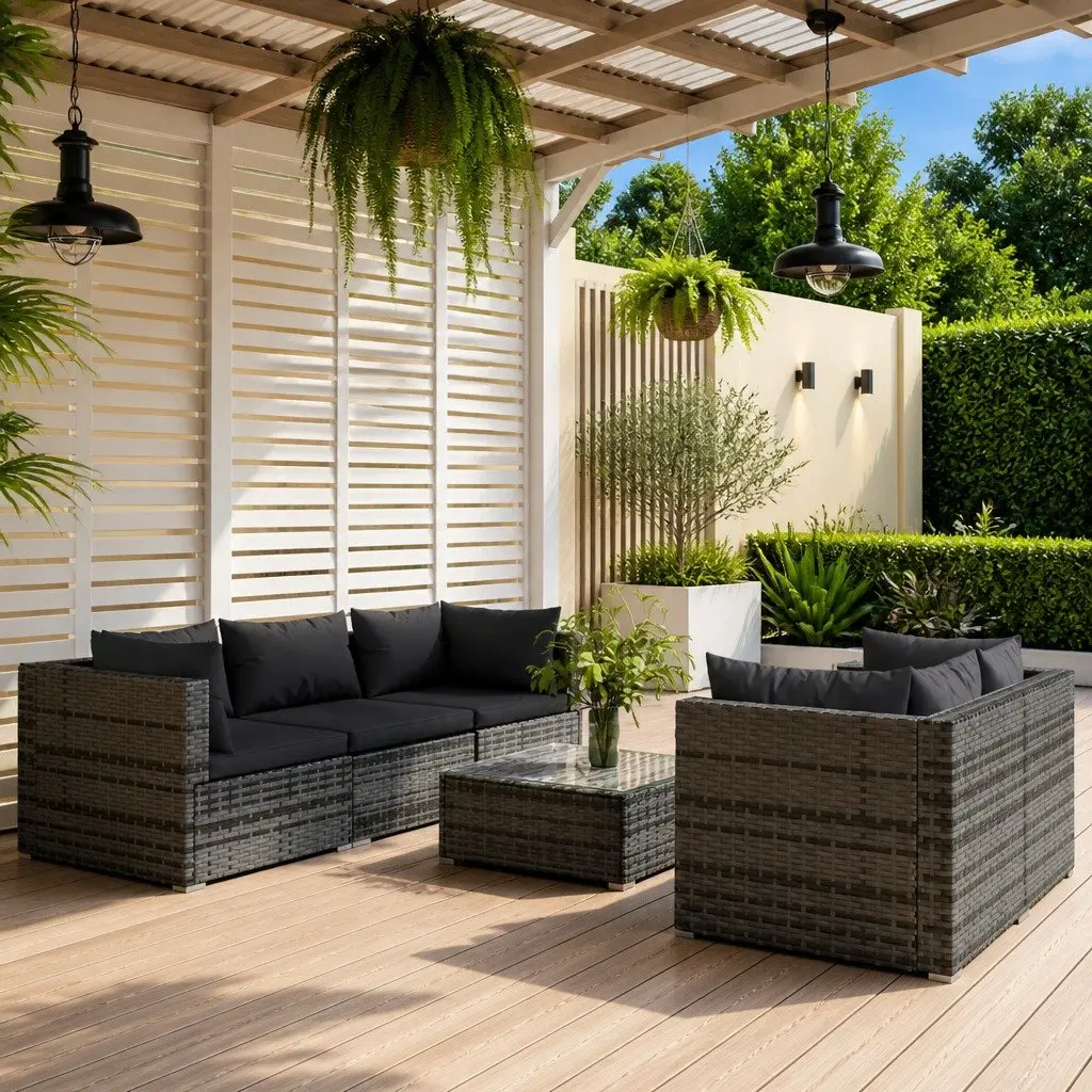 6 Piece Modular Garden Lounge Set Poly Rattan Outdoor Furniture with Cushions