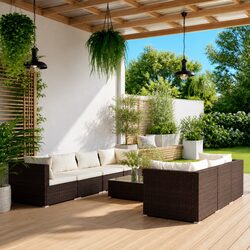 Garden Lounge Set 8 Piece Outdoor Furniture Poly Rattan Modular Brown Cushions