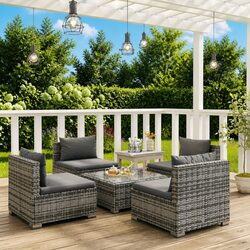 Garden Lounge Set 5 Piece Modular Outdoor Furniture Poly Rattan Grey Cushions