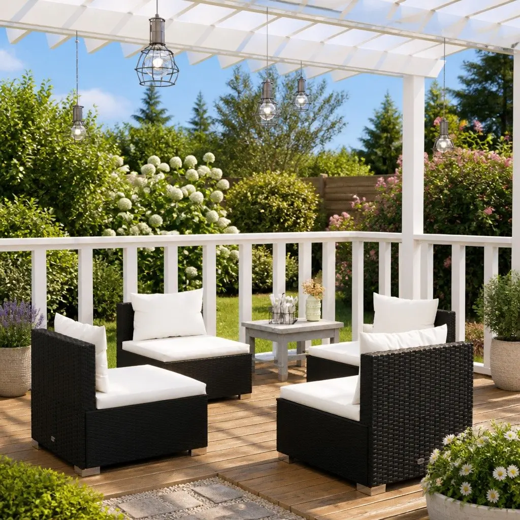 4 Piece Poly Rattan Garden Lounge Set Black Modular Outdoor Furniture with