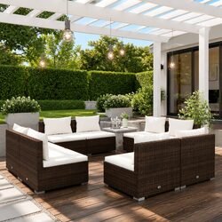 Garden Lounge Set 8 Piece Outdoor Furniture Poly Rattan Brown Modular Cushions