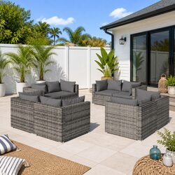 Garden Lounge Set 8 Piece Outdoor Furniture Poly Rattan Modular Grey Cushions