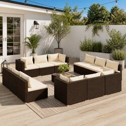 13 Piece Garden Lounge Set Brown Poly Rattan Modular Outdoor Furniture with
