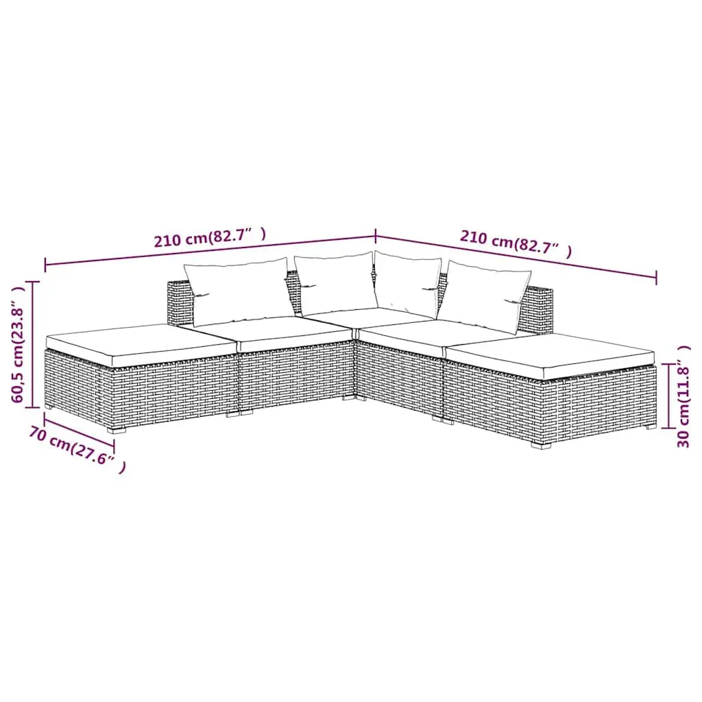 5 Piece Garden Lounge Set with Cushions Modular Outdoor Patio Furniture Grey