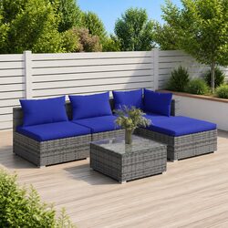 Garden Lounge Set 5 Piece Outdoor Patio Furniture Grey Rattan Sofa with Cushions
