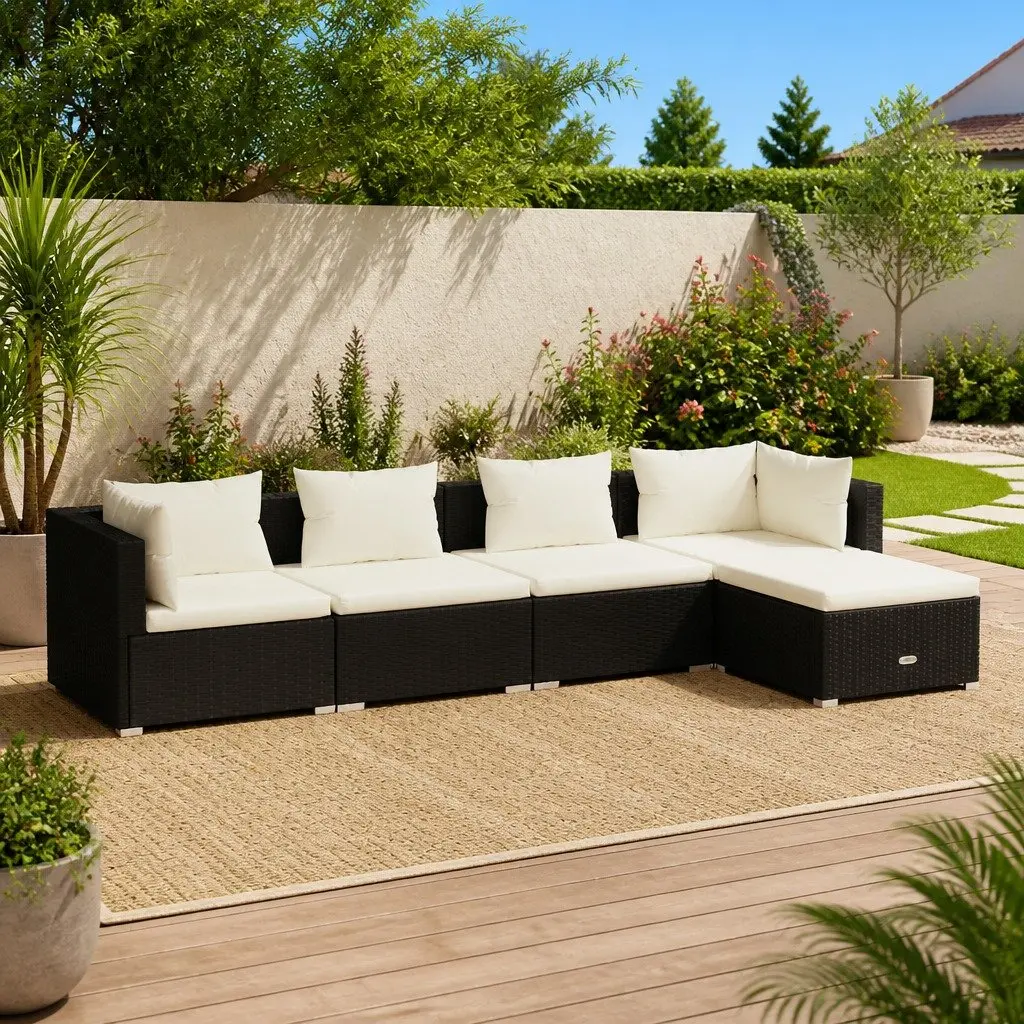 5 Piece Garden Lounge Set Black Poly Rattan Outdoor Patio Sofa with Cushions