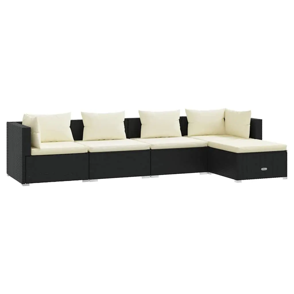 5 Piece Garden Lounge Set Black Poly Rattan Outdoor Patio Sofa with Cushions
