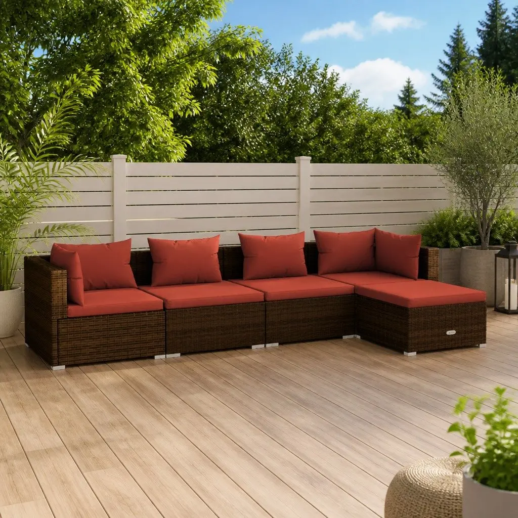 5 Piece Garden Lounge Set Poly Rattan Outdoor Furniture with Cushions Brown