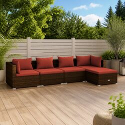 5 Piece Garden Lounge Set Poly Rattan Outdoor Furniture with Cushions Brown