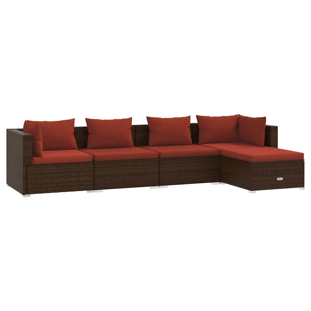 5 Piece Garden Lounge Set Poly Rattan Outdoor Furniture with Cushions Brown