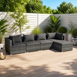 5 Piece Garden Lounge Set Grey Poly Rattan Outdoor Furniture with Cushions
