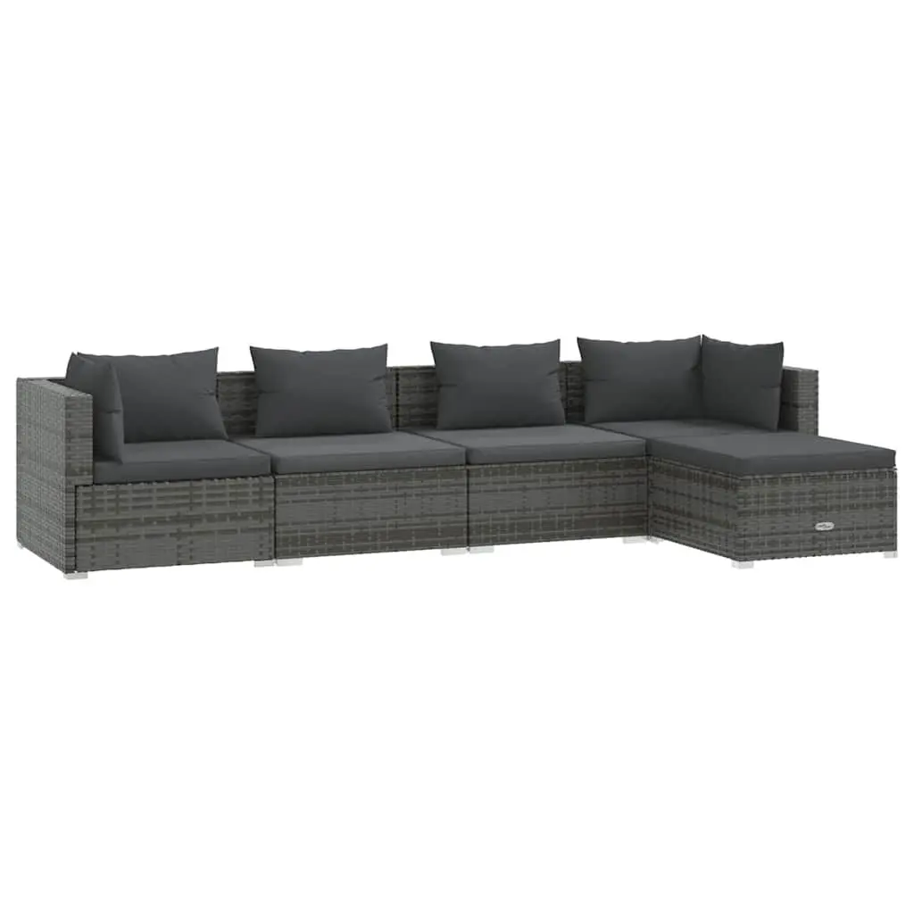5 Piece Garden Lounge Set Grey Poly Rattan Outdoor Furniture with Cushions