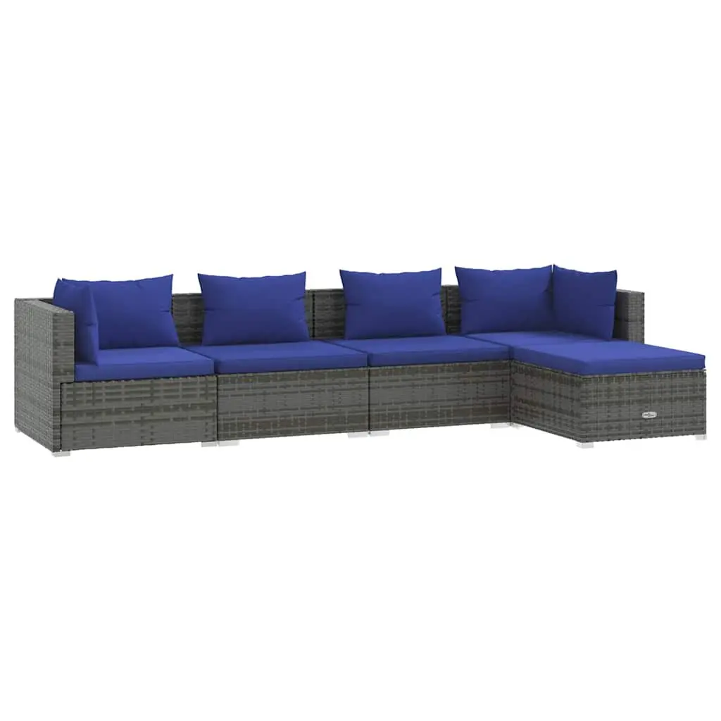 5 Piece Garden Lounge Set Outdoor Patio Furniture Grey Poly Rattan with Cushions