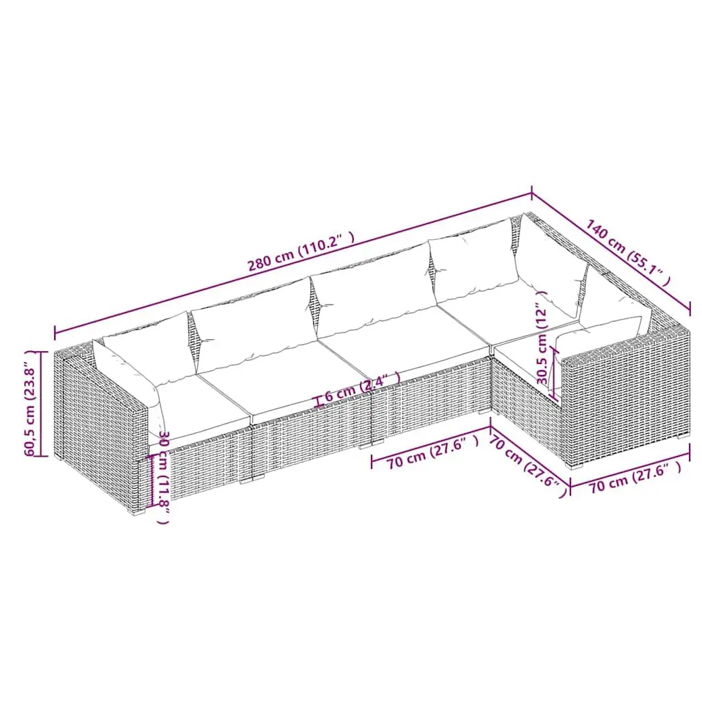5 Piece Garden Lounge Set Outdoor Patio Furniture Poly Rattan Brown with
