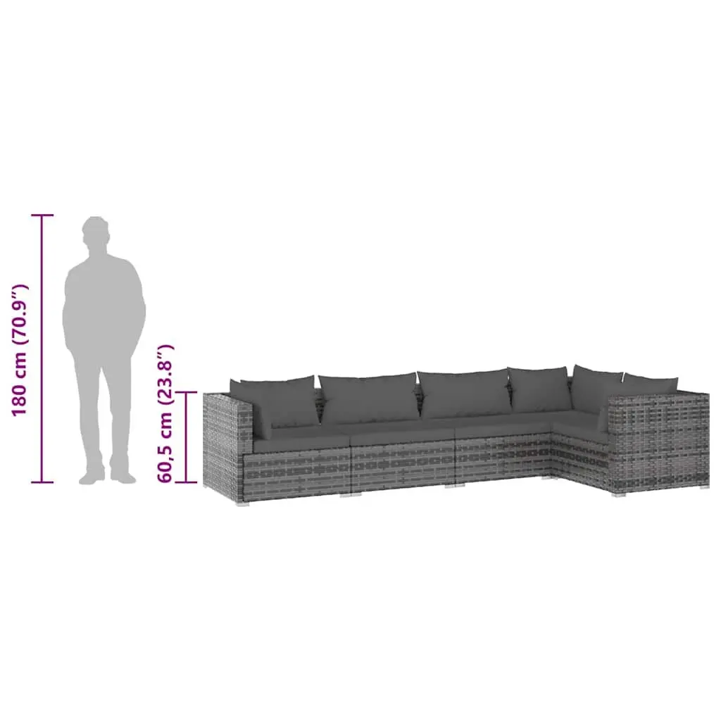 5 Piece Garden Lounge Set Outdoor Patio Furniture Poly Rattan Grey with Cushions