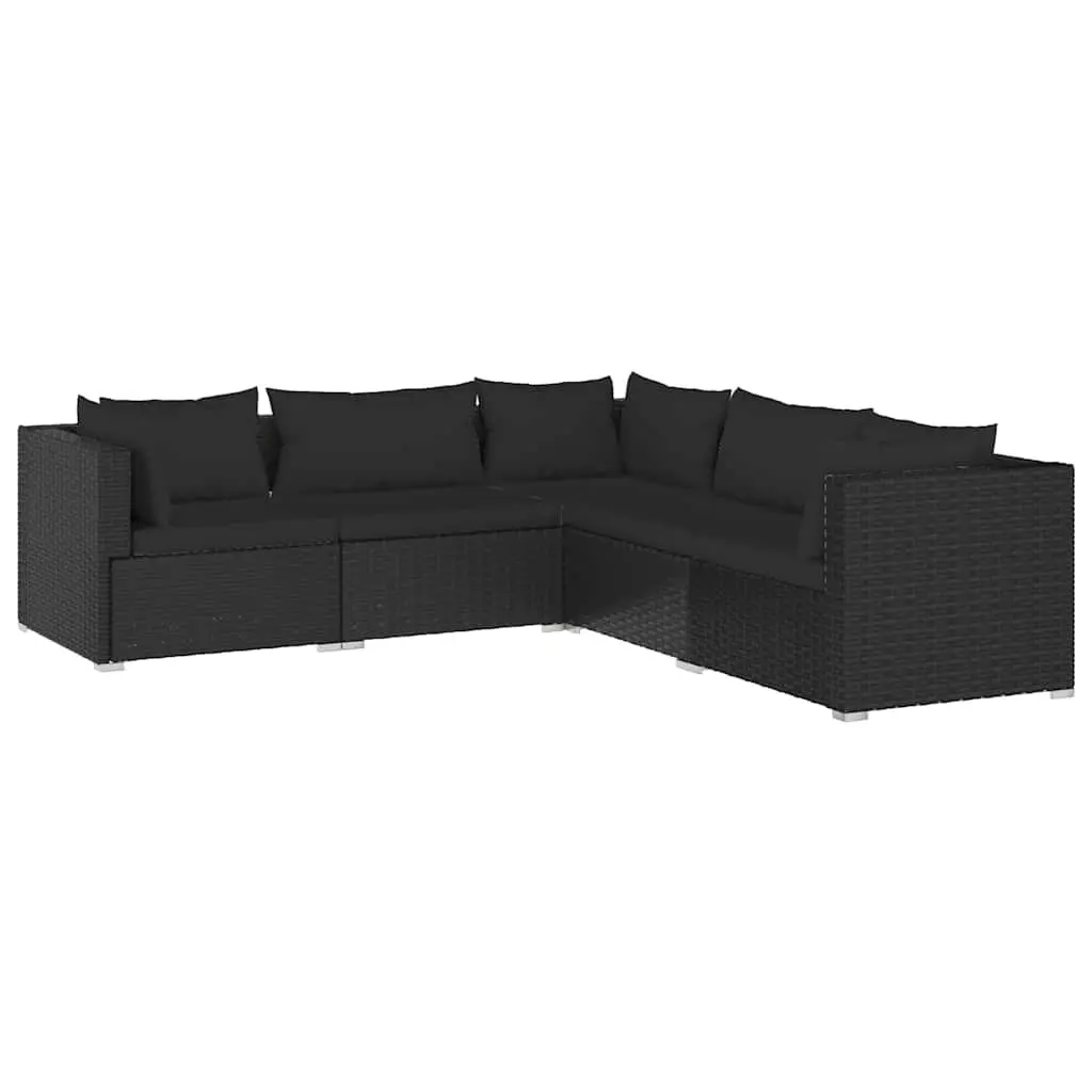 5 Piece Garden Lounge Set Black Poly Rattan Outdoor Furniture with Cushions