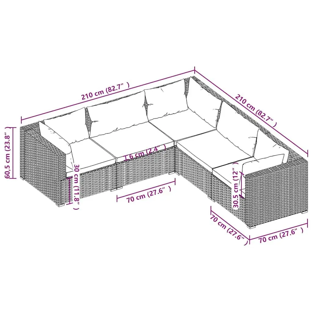 5 Piece Garden Lounge Set Black Poly Rattan Outdoor Furniture with Cushions