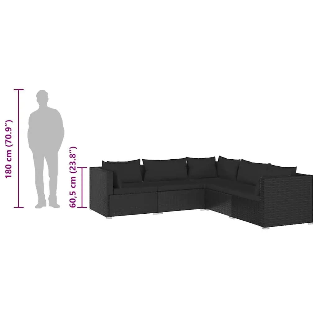 5 Piece Garden Lounge Set Black Poly Rattan Outdoor Furniture with Cushions
