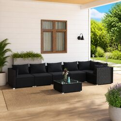 7 Piece Garden Lounge Set Outdoor Patio Furniture with Cushions Black Rattan
