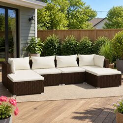 Garden Lounge Set 6 Piece Poly Rattan Outdoor Furniture with Cushions Brown