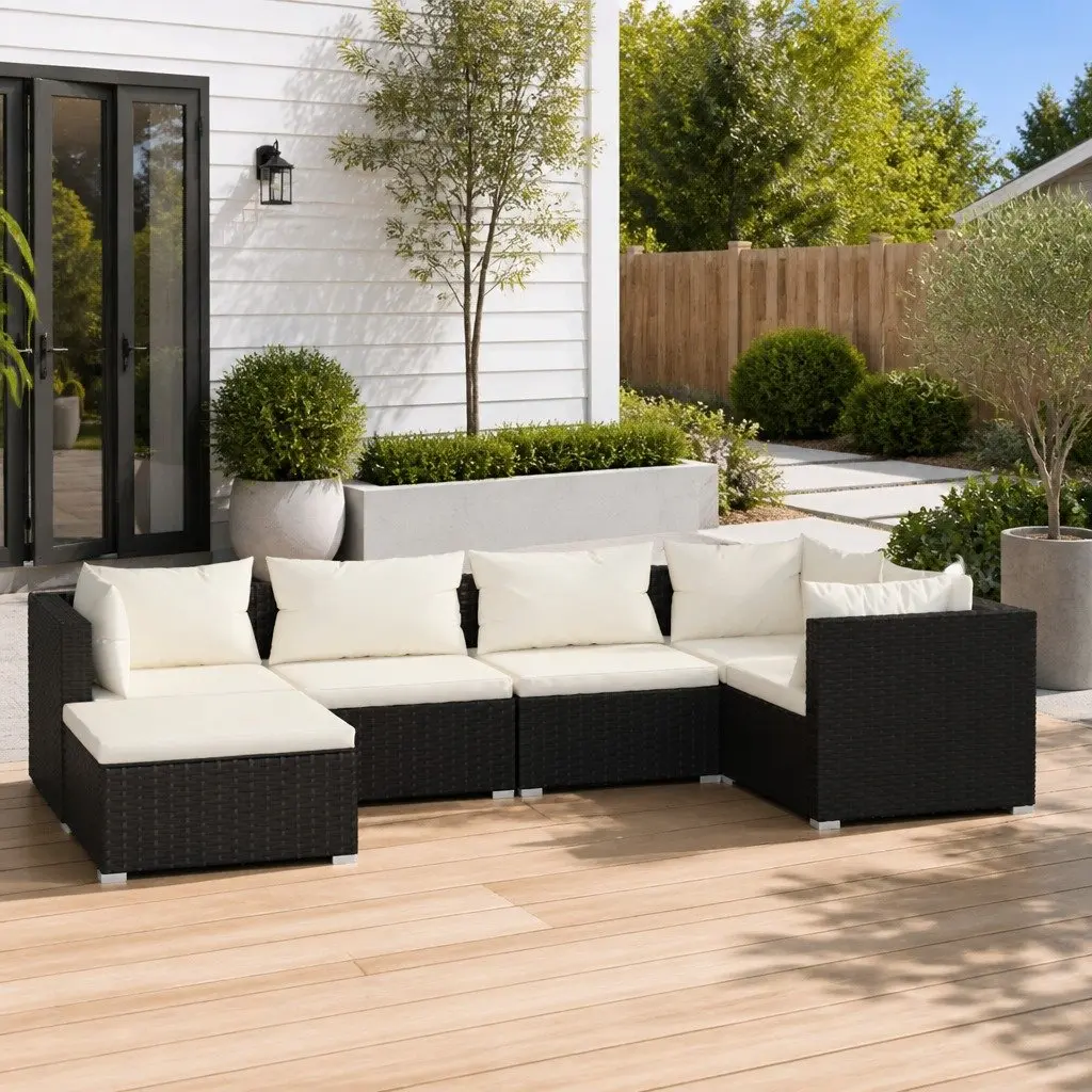 6-Piece Outdoor Garden Lounge Set Poly Rattan Modular Sofa with Cushions Black