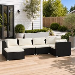 6-Piece Outdoor Garden Lounge Set Poly Rattan Modular Sofa with Cushions Black