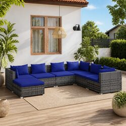 7 Piece Garden Lounge Set Poly Rattan Outdoor Patio Furniture with Cushions Grey
