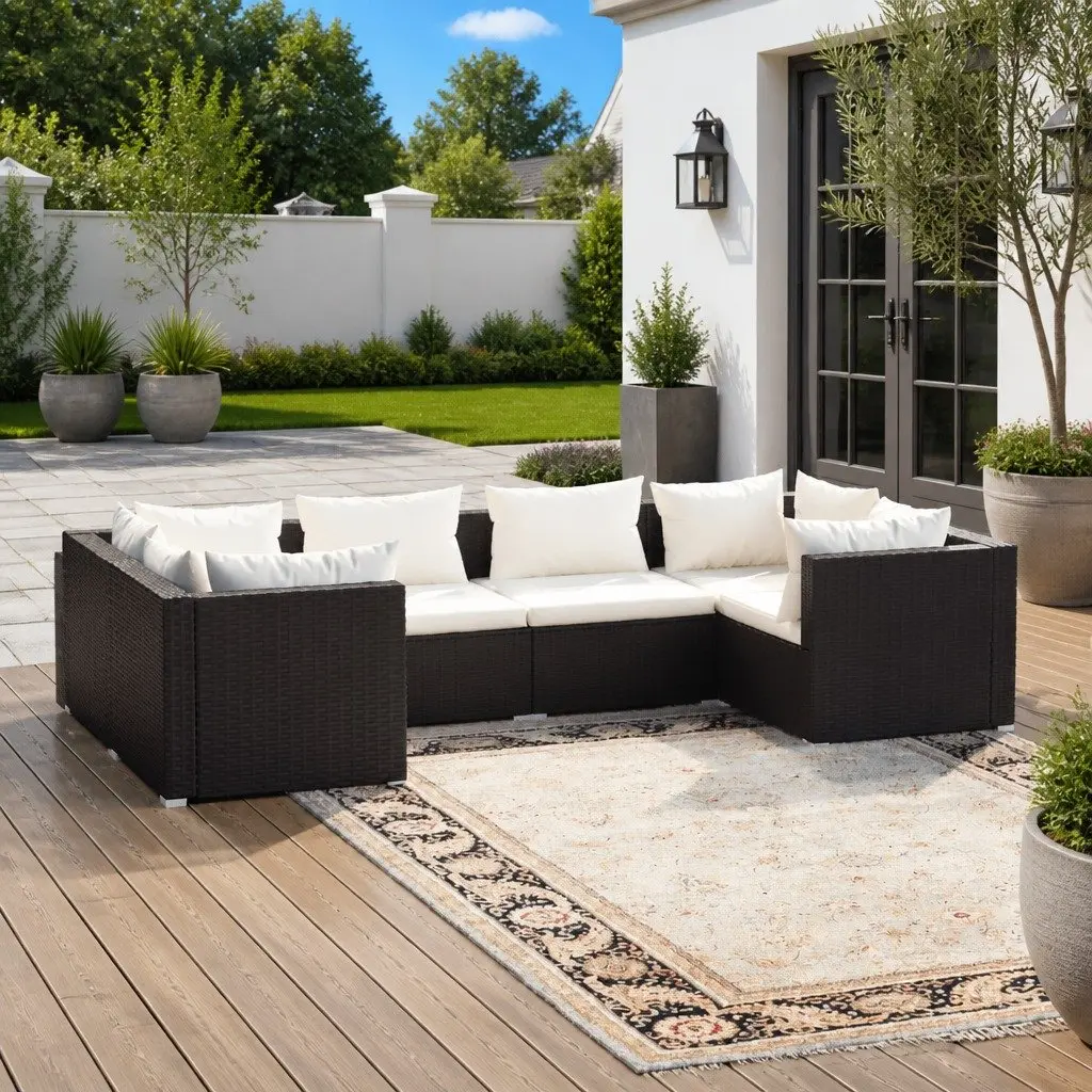 6 Piece Garden Lounge Set Modular Outdoor Furniture with Cushions Black Poly