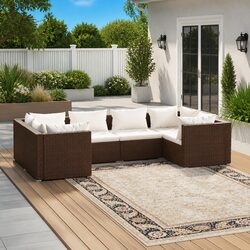 Garden Lounge Set 6 Piece Modular Outdoor Furniture Poly Rattan Brown Cushions