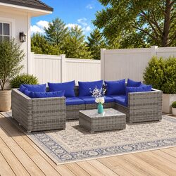 Garden Lounge Set 7 Piece Outdoor Patio Furniture Grey Poly Rattan with Cushions