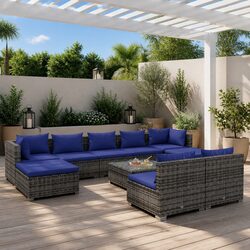 Garden Lounge Set 10 Piece Grey Poly Rattan Outdoor Furniture with Cushions