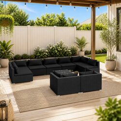 10 Piece Outdoor Lounge Set Garden Patio Furniture Black Poly Rattan Modular