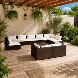 Garden Lounge Set 10 Piece Outdoor Patio Furniture Brown Poly Rattan Modular