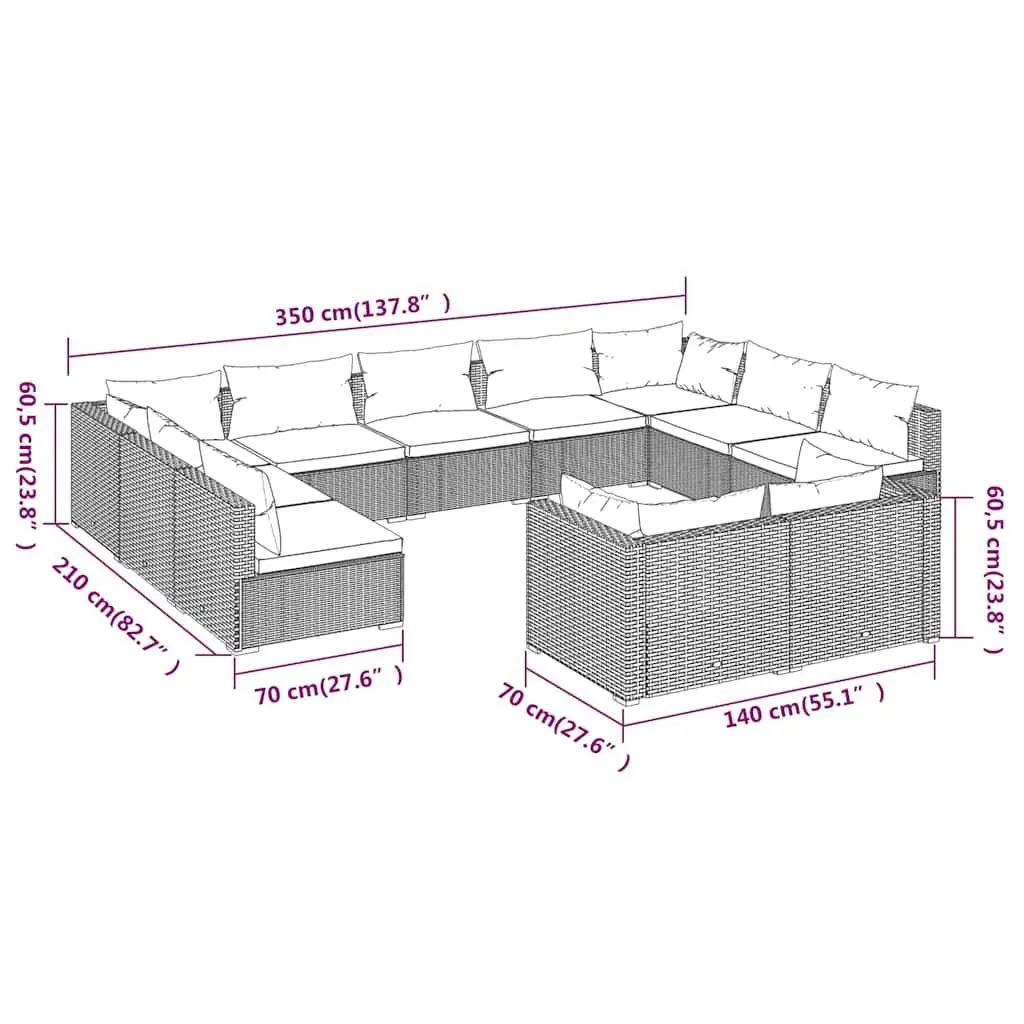 Garden Lounge Set 11 Piece Modular Outdoor Furniture Black PE Rattan Sofa with Cushions